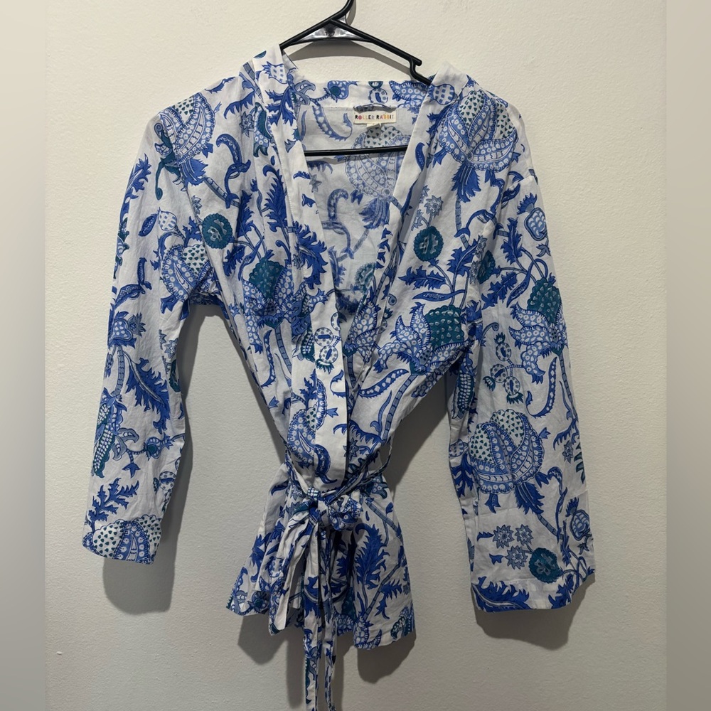 Roller Rabbit XS Wrap Top Blue Floral Pattern